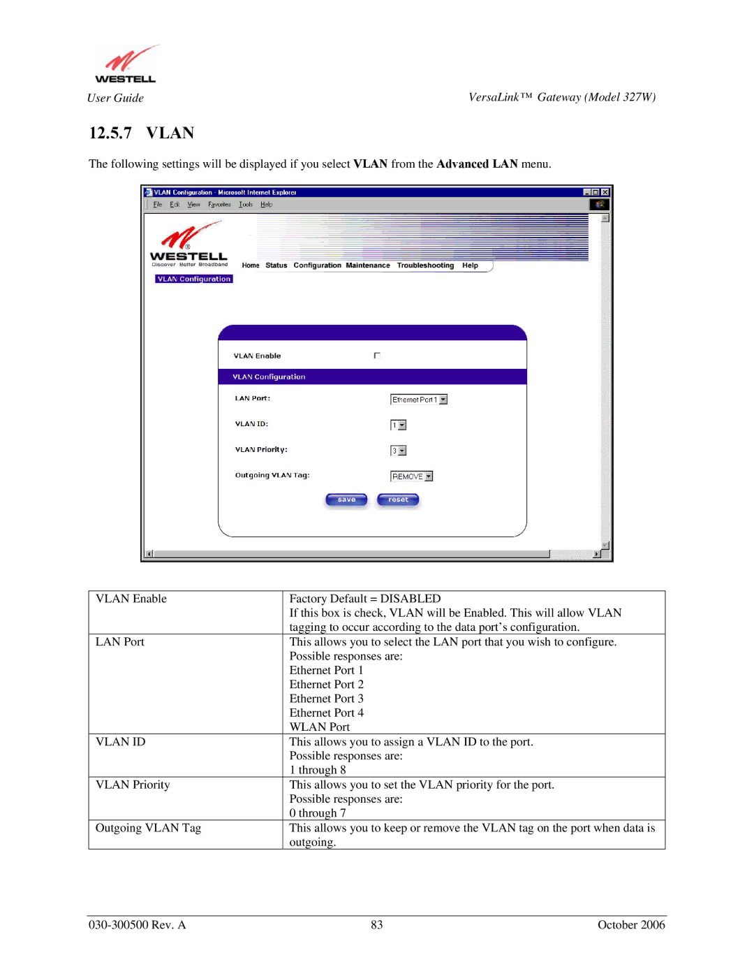 Westell Technologies 327W manual Vlan ID 