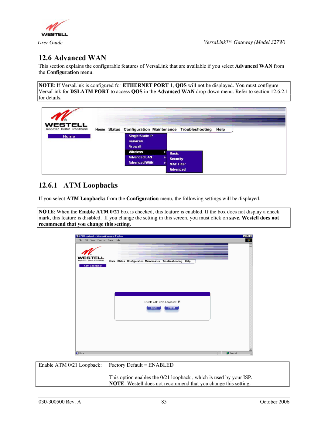 Westell Technologies 327W manual Advanced WAN, ATM Loopbacks, Recommend that you change this setting 