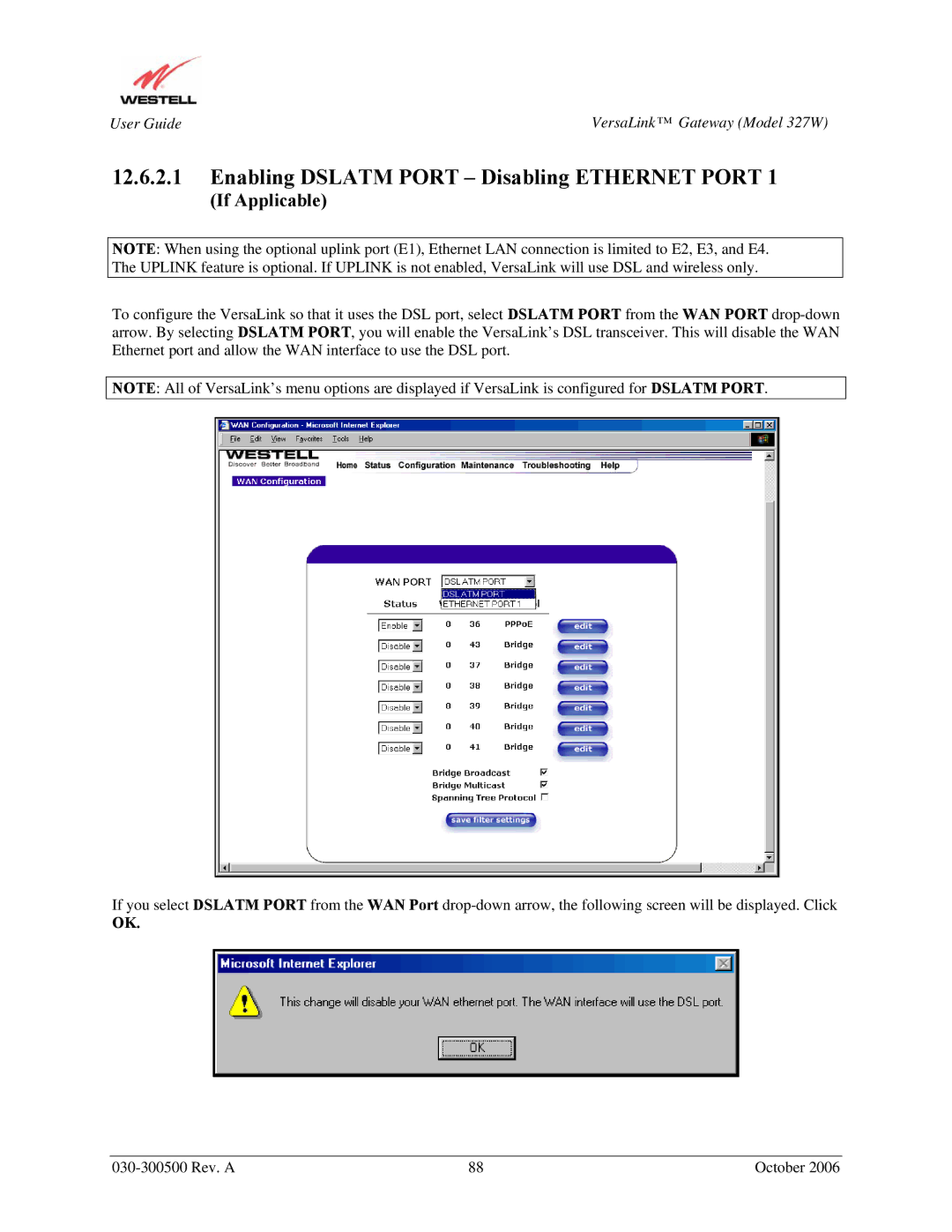 Westell Technologies 327W manual Enabling Dslatm Port Disabling Ethernet Port, If Applicable 