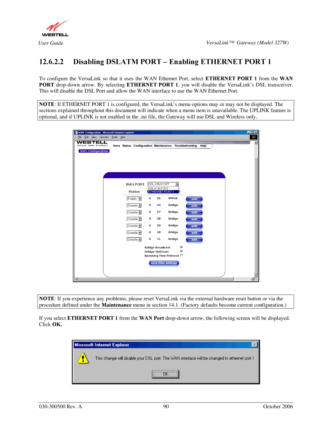 Westell Technologies 327W manual Disabling Dslatm Port Enabling Ethernet Port 