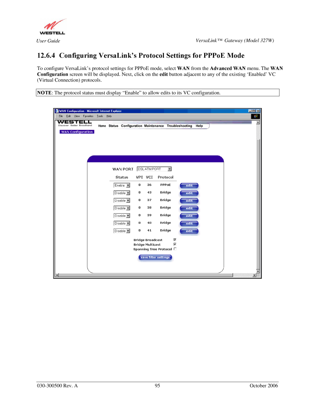 Westell Technologies 327W manual Configuring VersaLink’s Protocol Settings for PPPoE Mode 