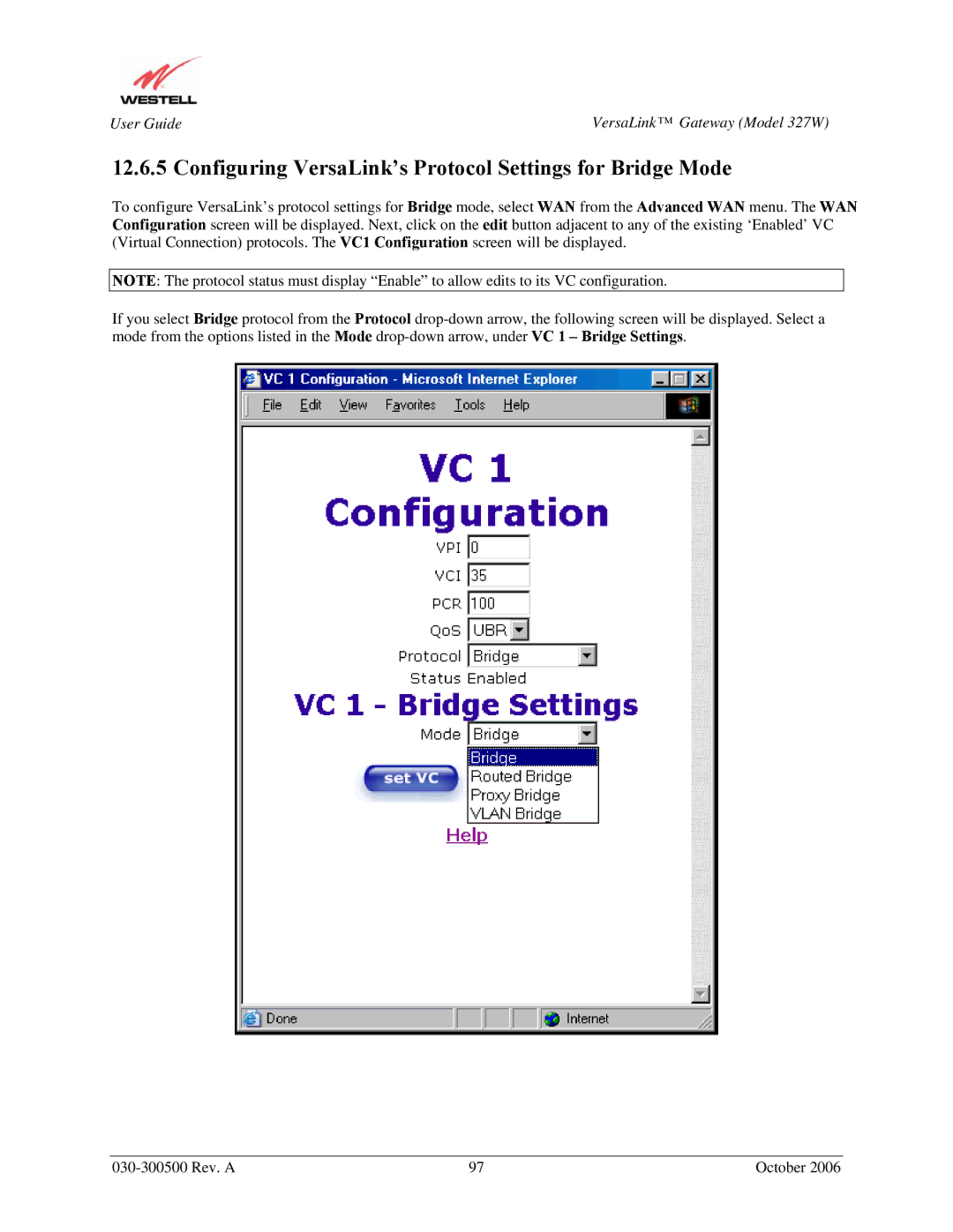 Westell Technologies 327W manual Configuring VersaLink’s Protocol Settings for Bridge Mode 