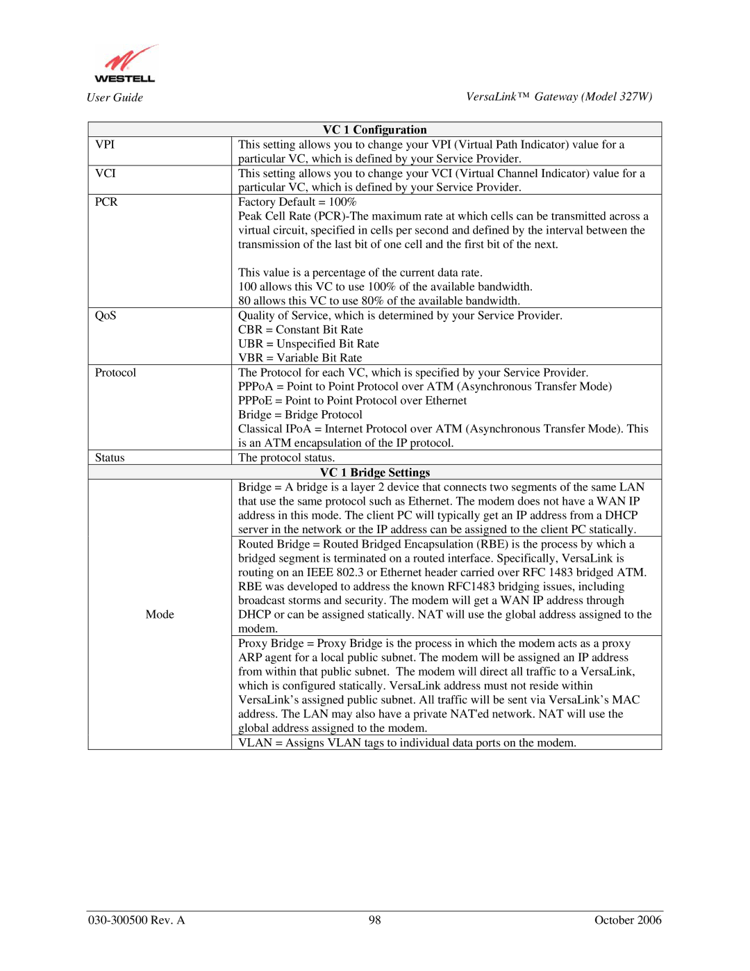 Westell Technologies 327W manual VC 1 Bridge Settings 