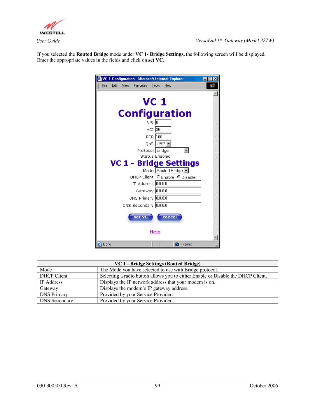 Westell Technologies 327W manual VC 1 Bridge Settings Routed Bridge 