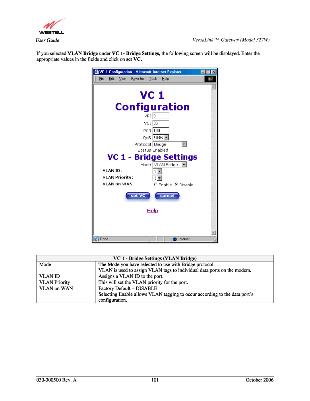Westell Technologies 327W manual VC 1 - Bridge Settings VLAN Bridge 