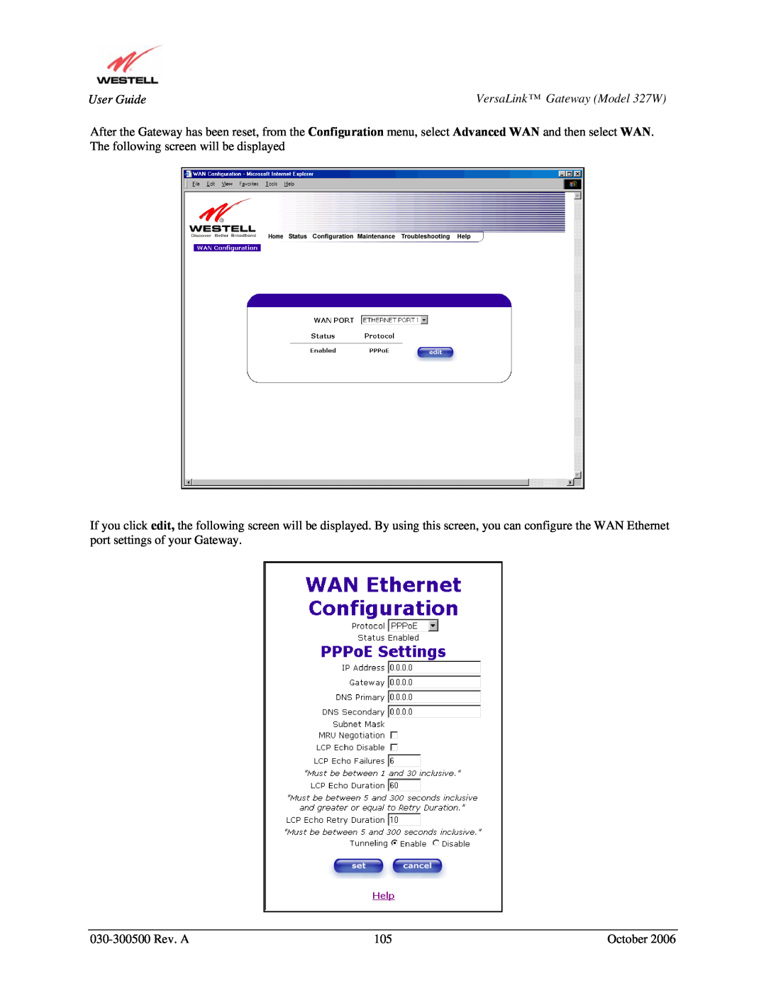 Westell Technologies manual User Guide, VersaLink Gateway Model 327W, 030-300500 Rev. A, October 
