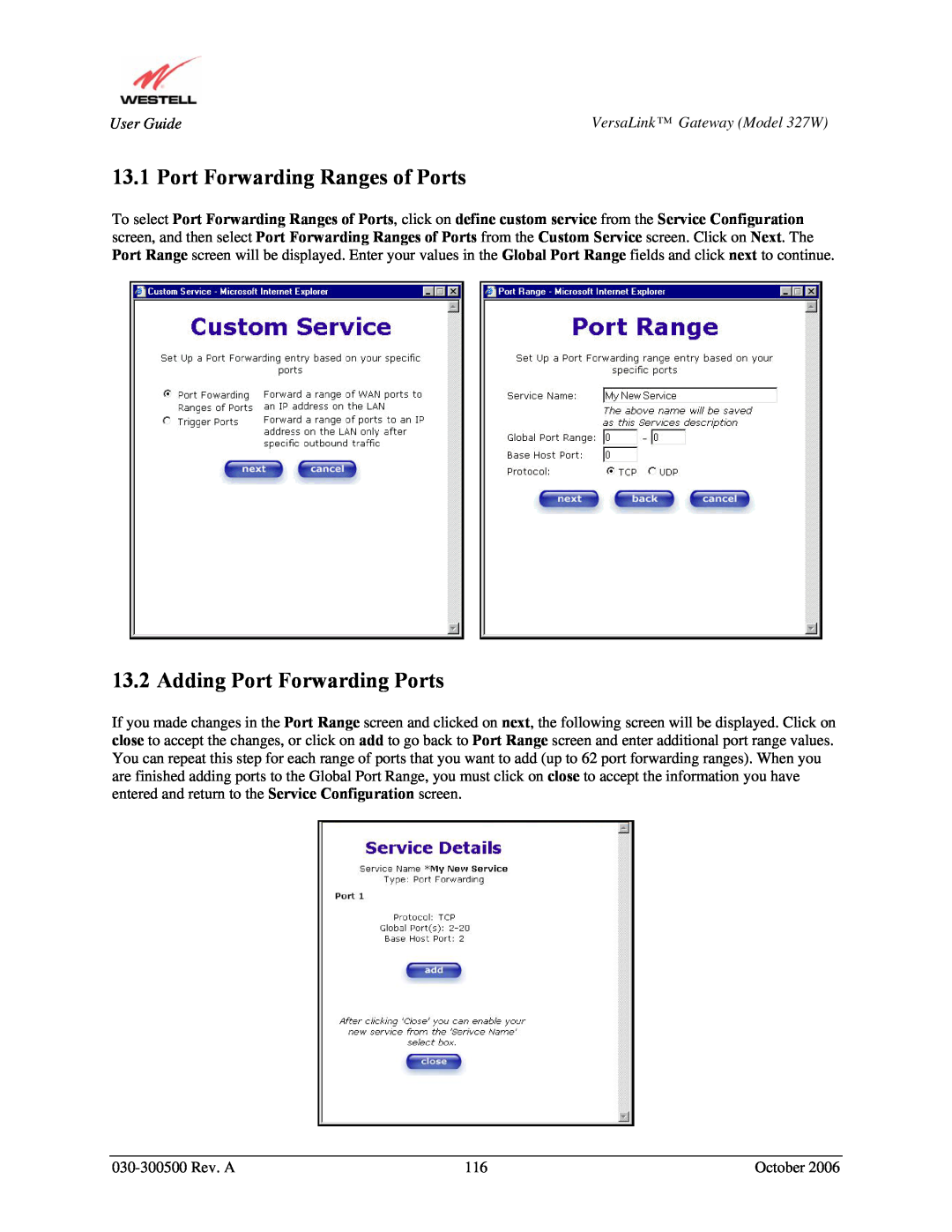 Westell Technologies 327W manual Port Forwarding Ranges of Ports, Adding Port Forwarding Ports 