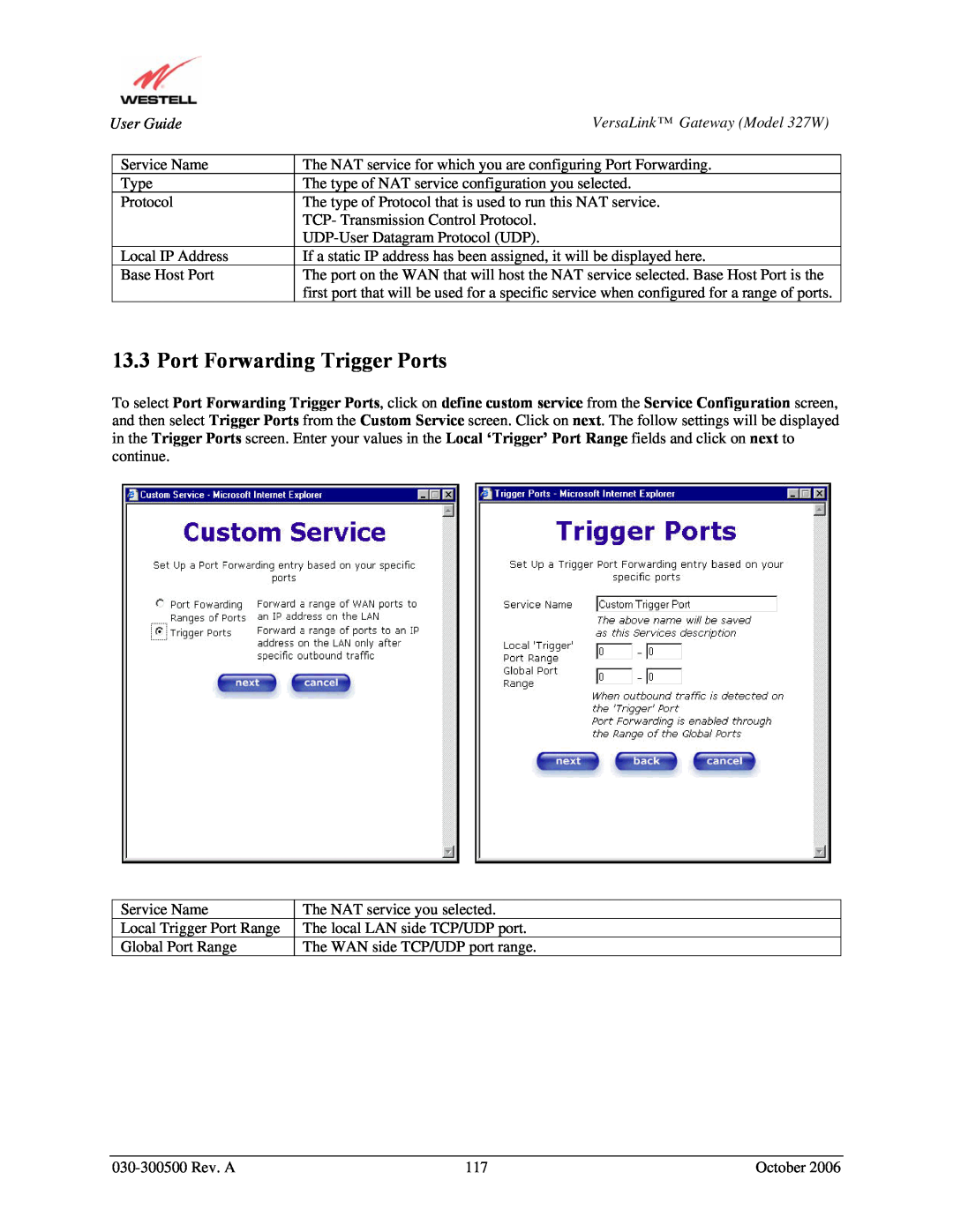 Westell Technologies 327W manual Port Forwarding Trigger Ports 