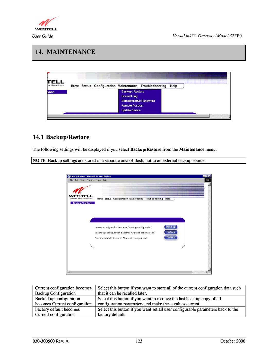 Westell Technologies 327W manual MAINTENANCE 14.1 Backup/Restore 