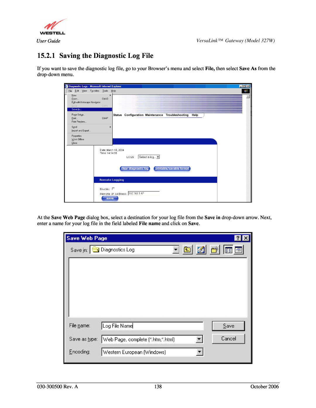 Westell Technologies 327W manual Saving the Diagnostic Log File 