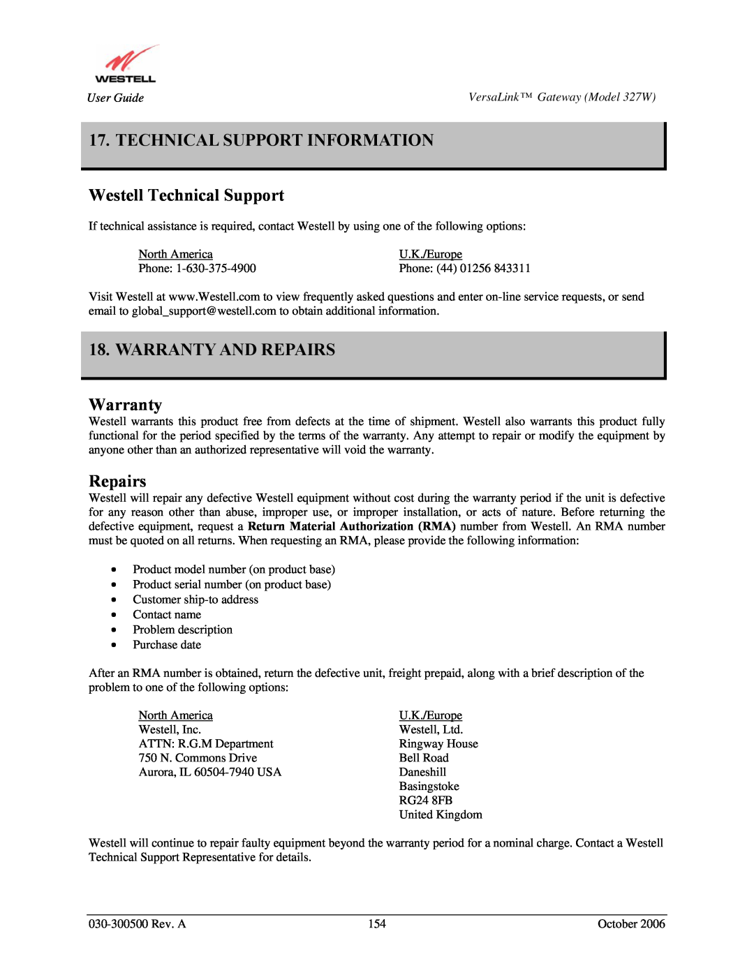 Westell Technologies 327W TECHNICAL SUPPORT INFORMATION Westell Technical Support, WARRANTY AND REPAIRS Warranty, Repairs 