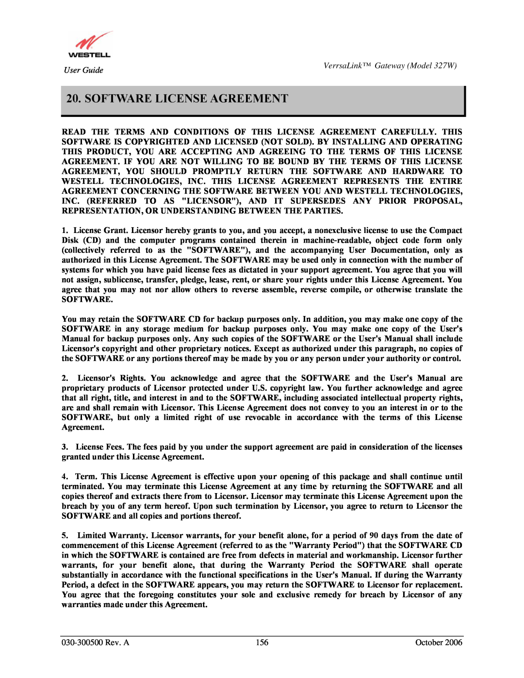 Westell Technologies 327W manual Software License Agreement 