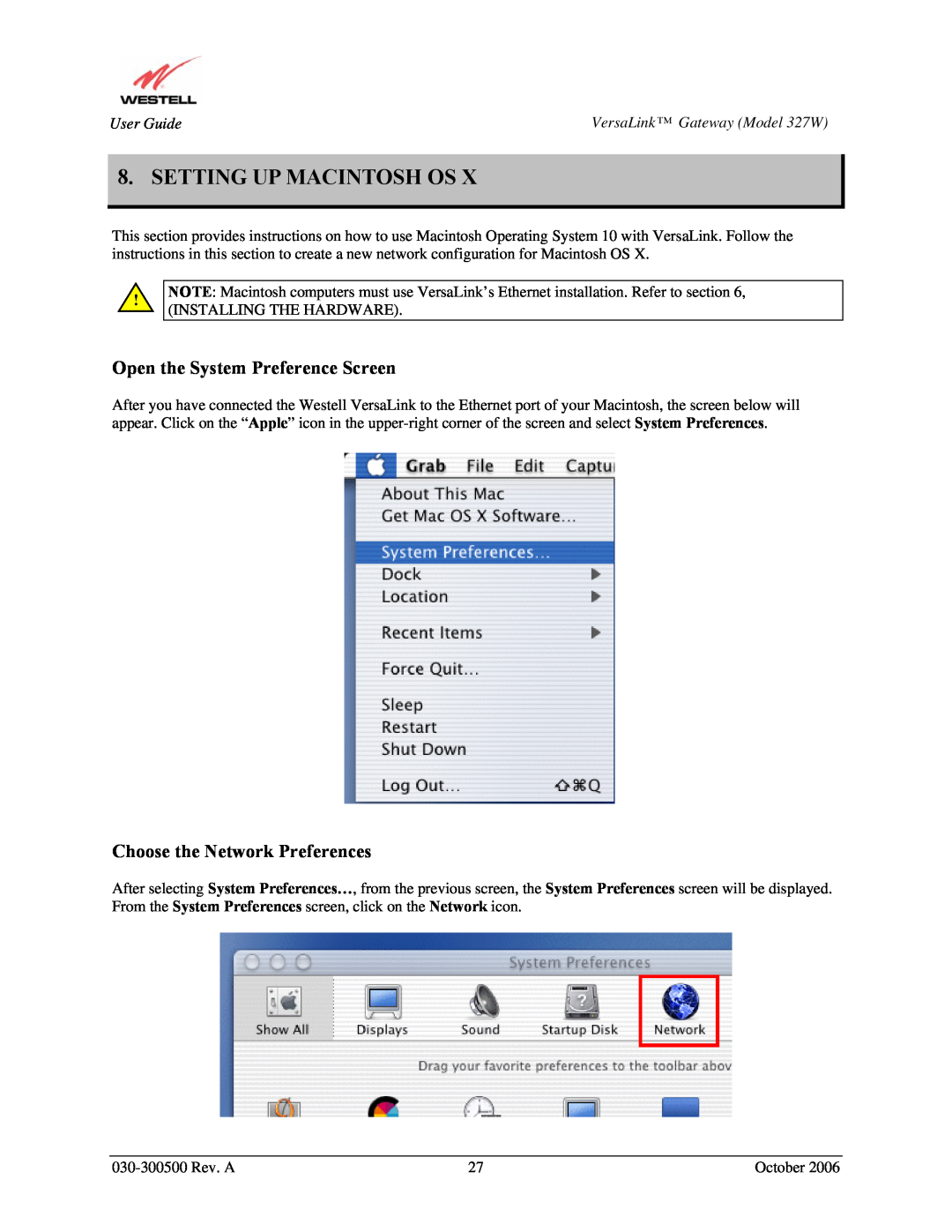 Westell Technologies 327W manual Setting Up Macintosh Os, Open the System Preference Screen, Choose the Network Preferences 