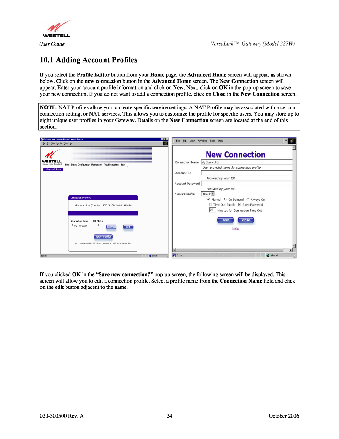 Westell Technologies 327W manual Adding Account Profiles 