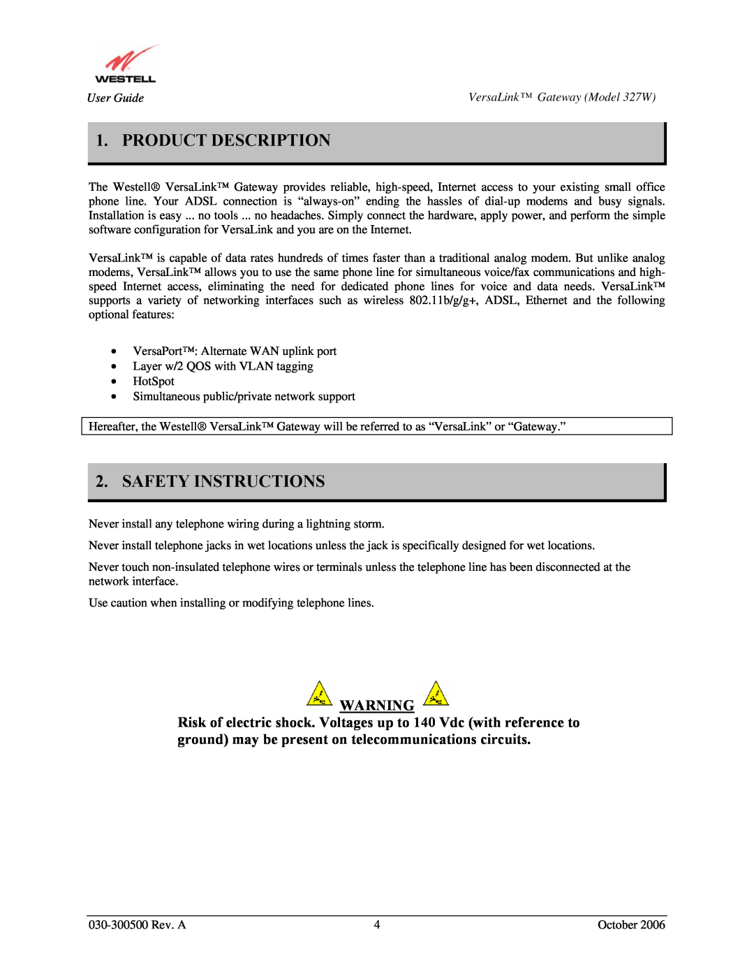Westell Technologies 327W manual Product Description, Safety Instructions 