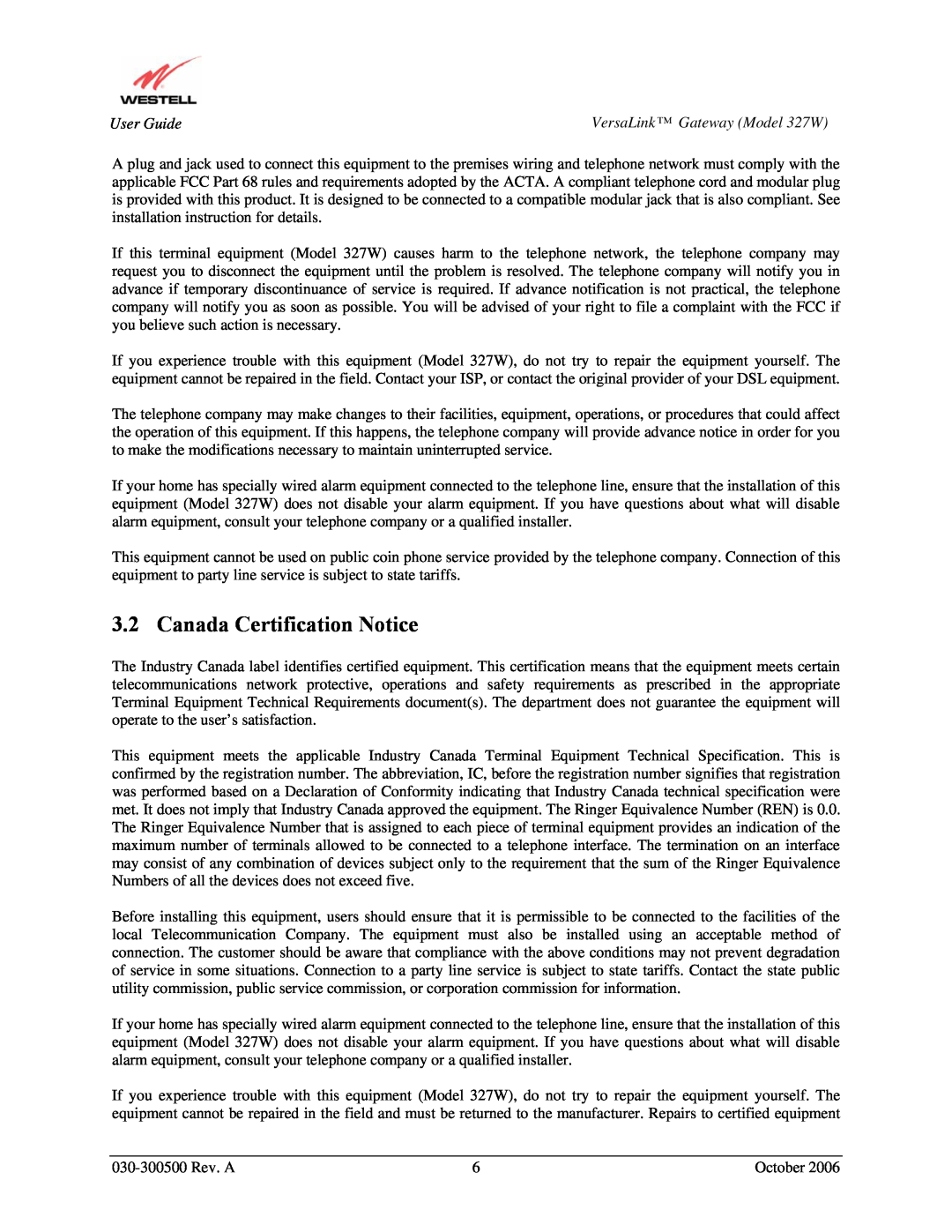 Westell Technologies 327W manual Canada Certification Notice 