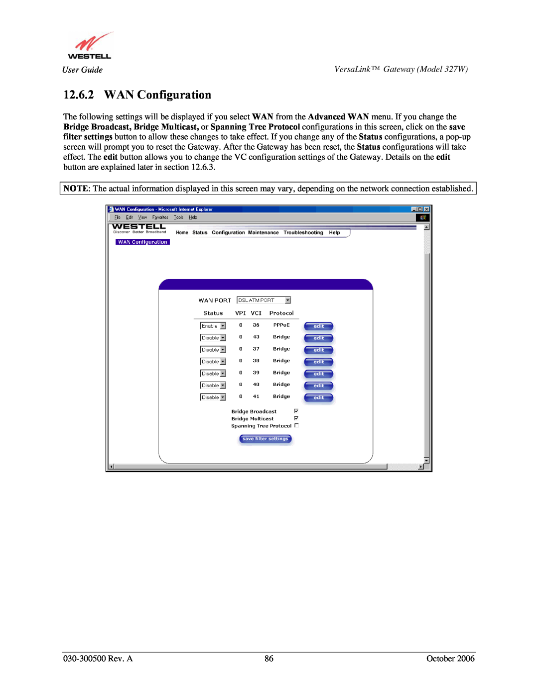 Westell Technologies 327W manual WAN Configuration 
