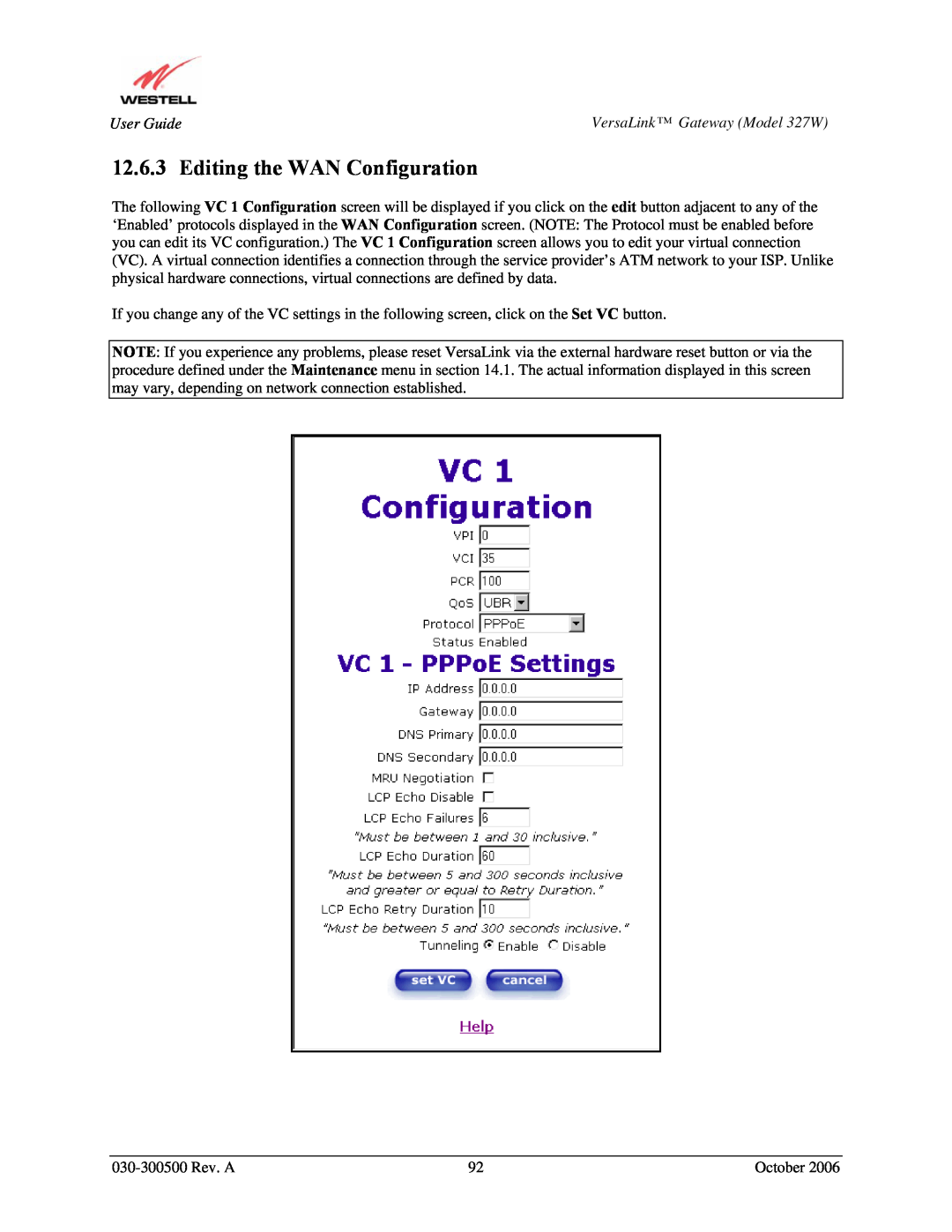 Westell Technologies 327W manual Editing the WAN Configuration 