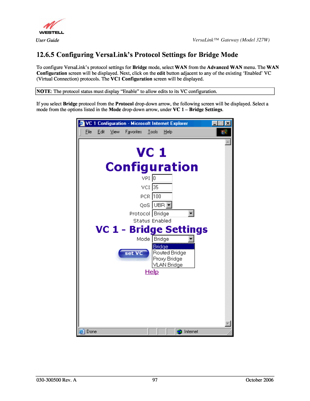 Westell Technologies 327W manual Configuring VersaLink’s Protocol Settings for Bridge Mode 