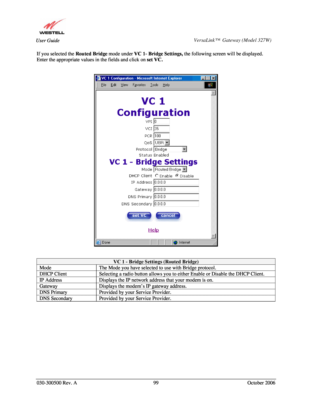 Westell Technologies 327W manual VC 1 - Bridge Settings Routed Bridge 