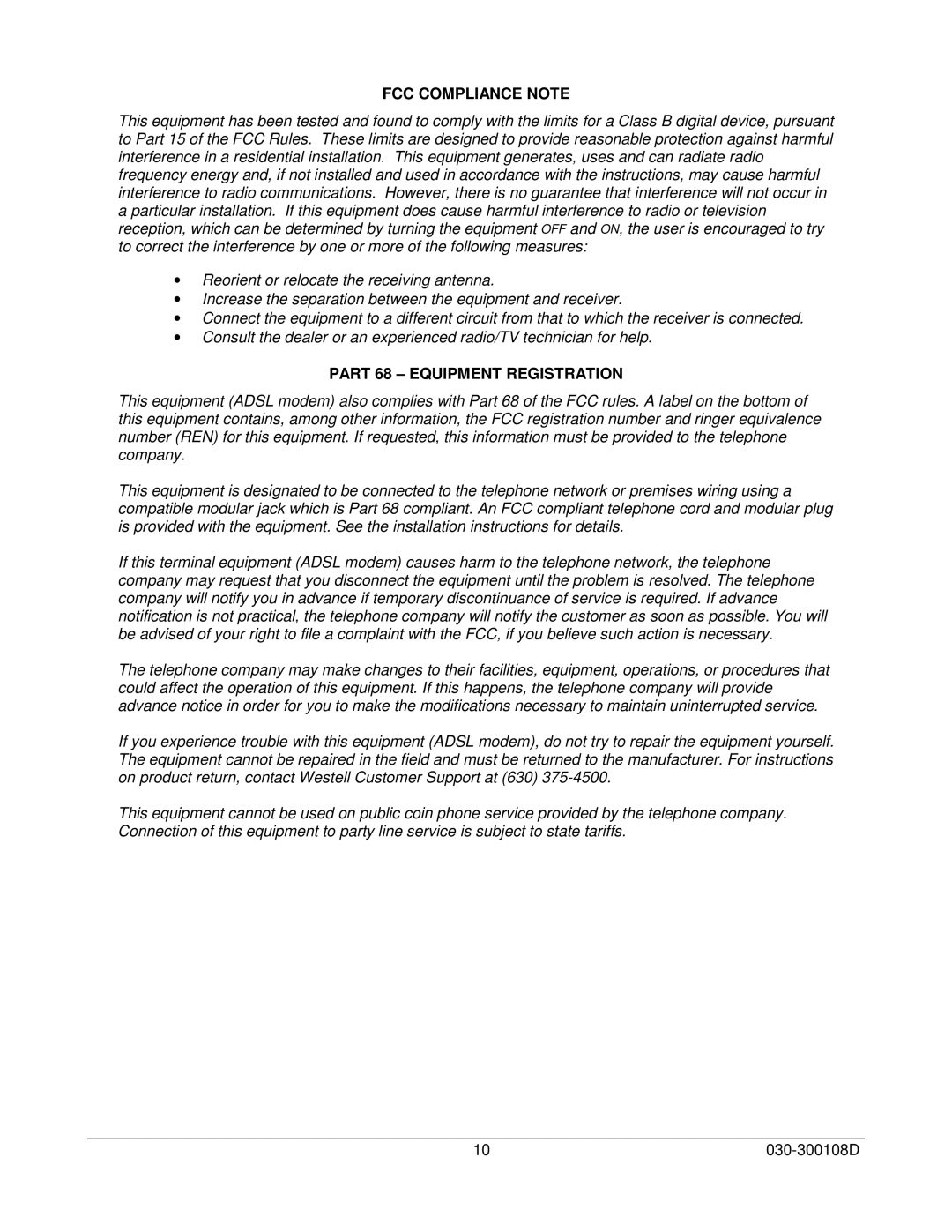 Westell Technologies 36R515 manual FCC Compliance Note 