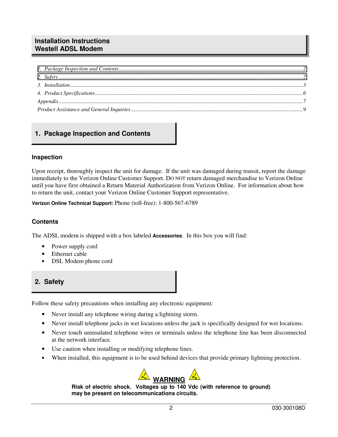 Westell Technologies 36R515 manual Installation Instructions Westell Adsl Modem 