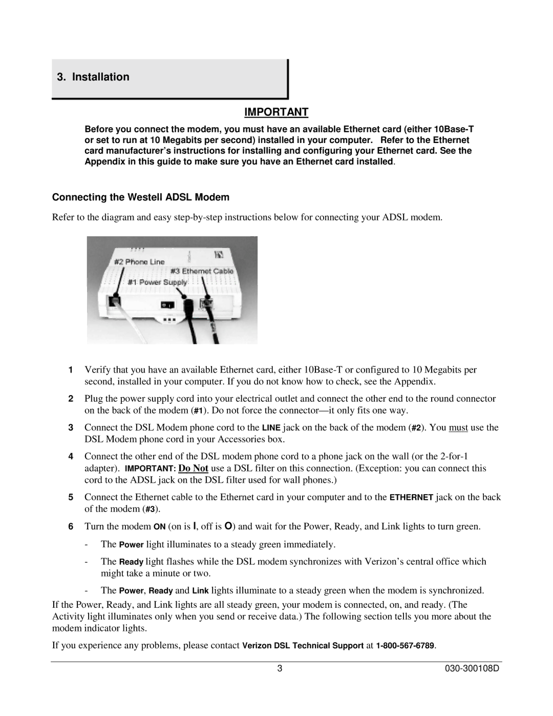 Westell Technologies 36R515 manual Installation, Connecting the Westell Adsl Modem 