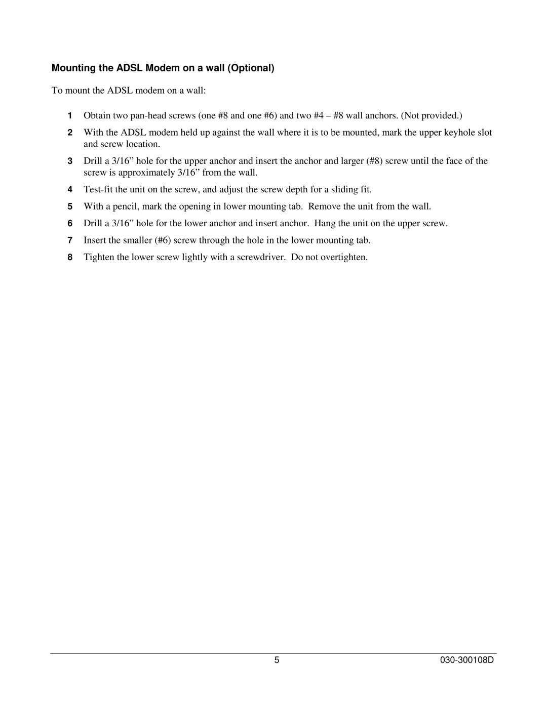 Westell Technologies 36R515 manual Mounting the Adsl Modem on a wall Optional 