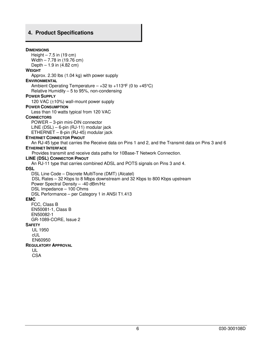 Westell Technologies 36R515 manual Product Specifications, Dsl 