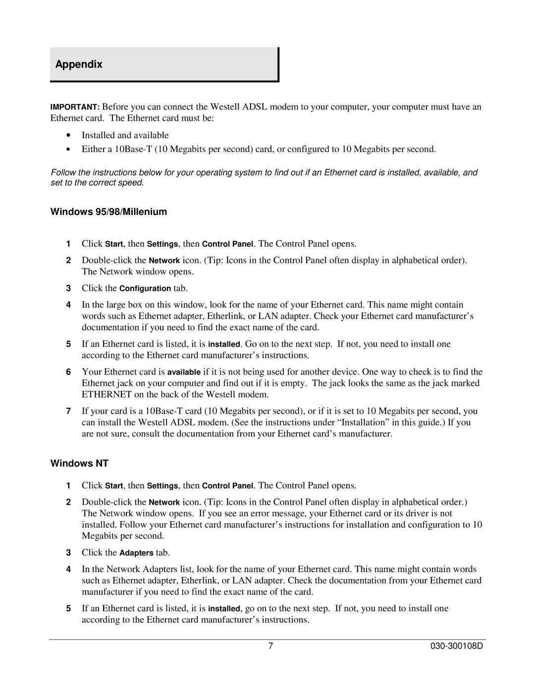 Westell Technologies 36R515 manual Appendix, Windows 95/98/Millenium, Windows NT 