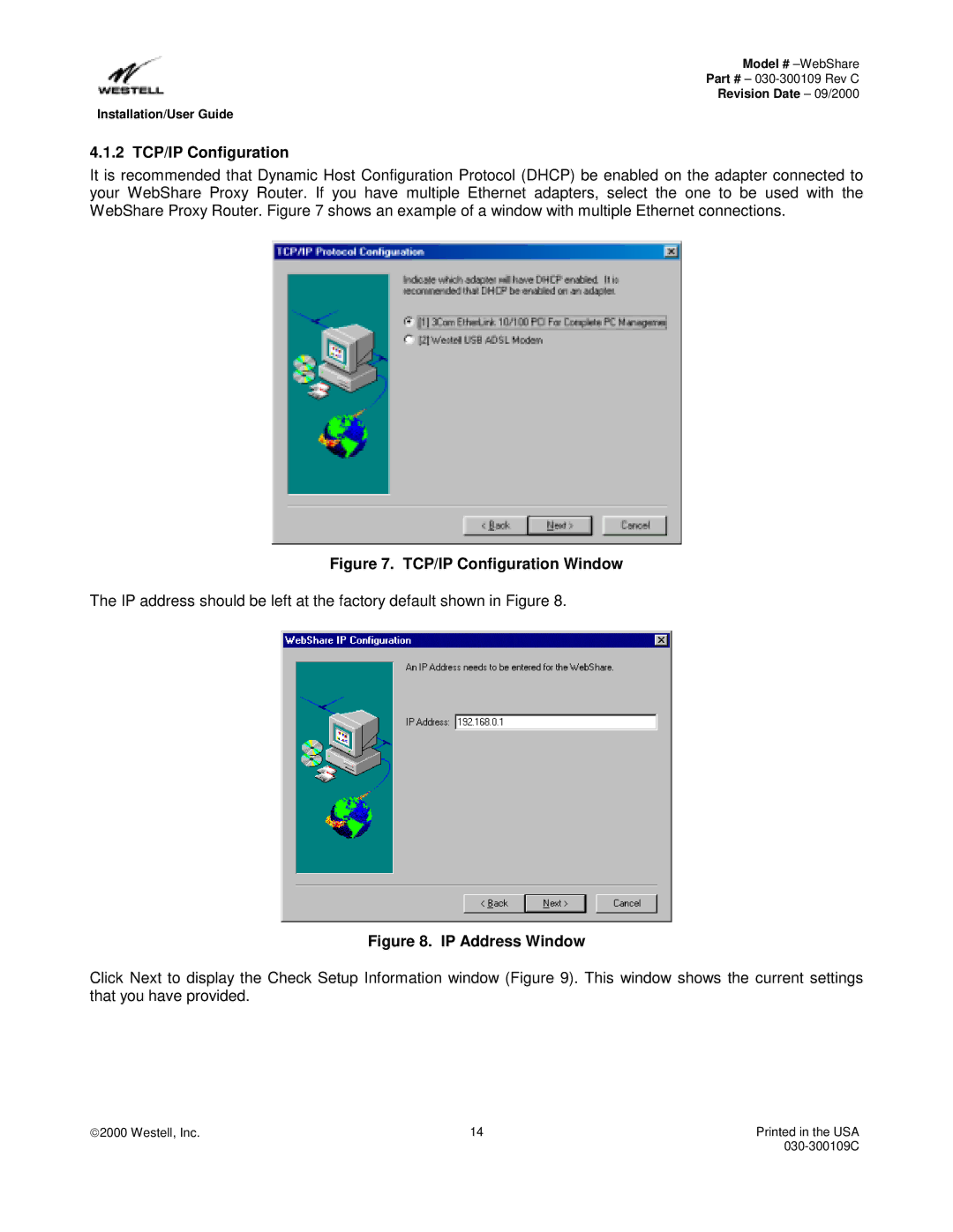 Westell Technologies 36R566 manual 2 TCP/IP Configuration, TCP/IP Configuration Window 