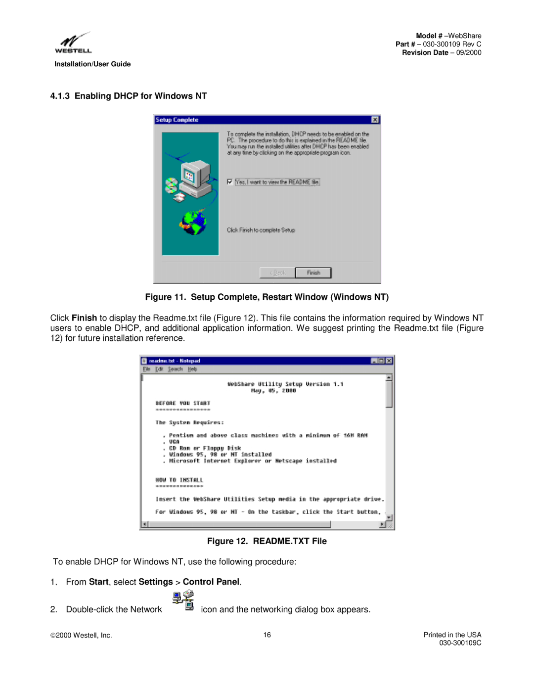 Westell Technologies 36R566 manual Enabling Dhcp for Windows NT, From Start, select Settings Control Panel 