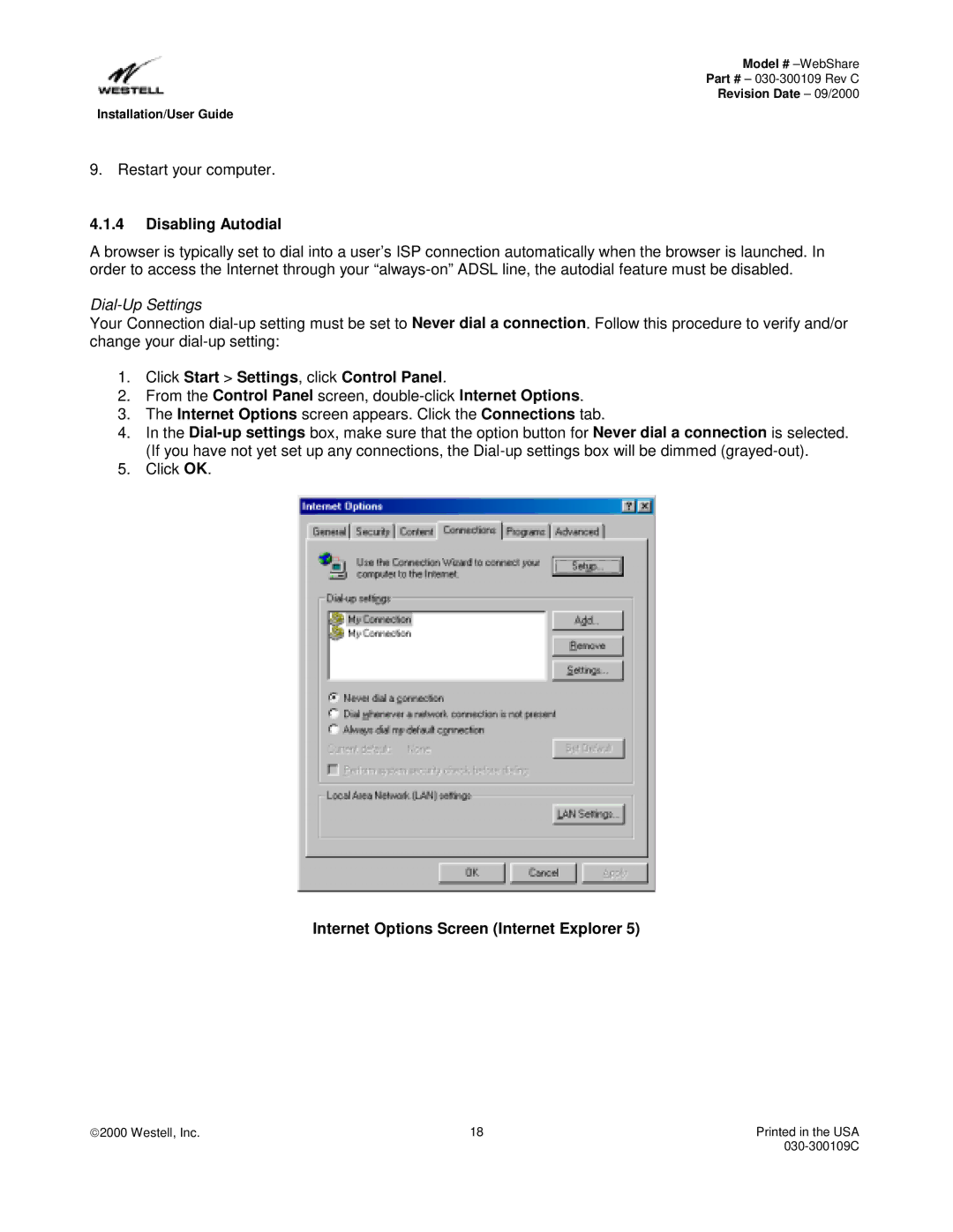 Westell Technologies 36R566 manual Disabling Autodial, Dial-Up Settings, Click Start Settings, click Control Panel 