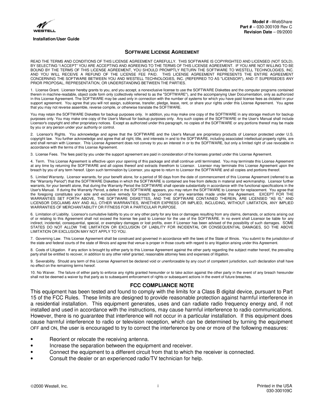 Westell Technologies 36R566 manual FCC Compliance Note 