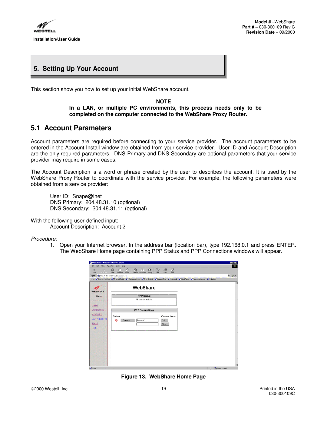 Westell Technologies 36R566 manual Account Parameters, Setting Up Your Account, Procedure 