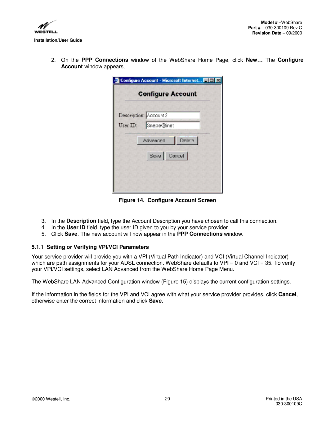 Westell Technologies 36R566 manual Configure Account Screen, Setting or Verifying VPI/VCI Parameters 