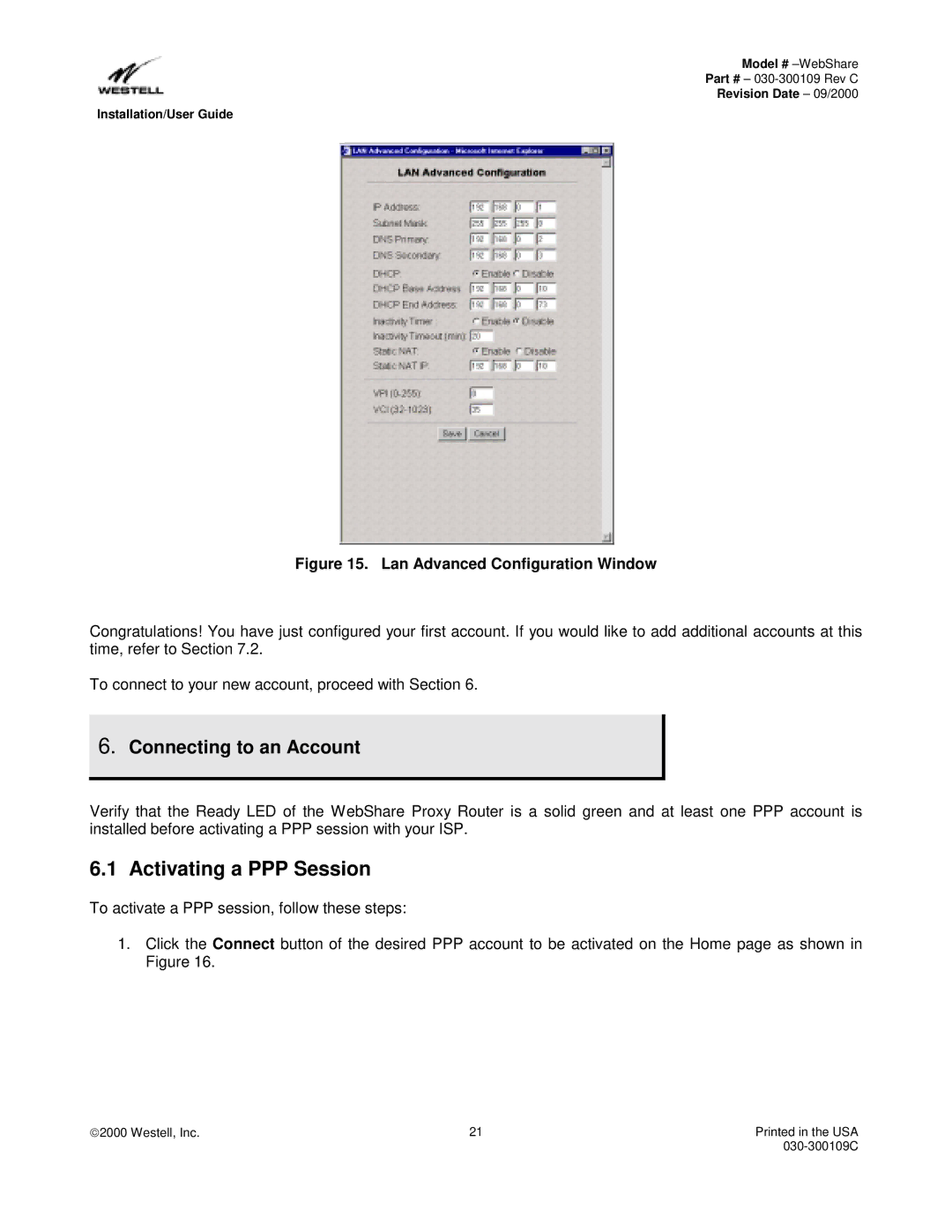 Westell Technologies 36R566 manual Activating a PPP Session, Connecting to an Account 