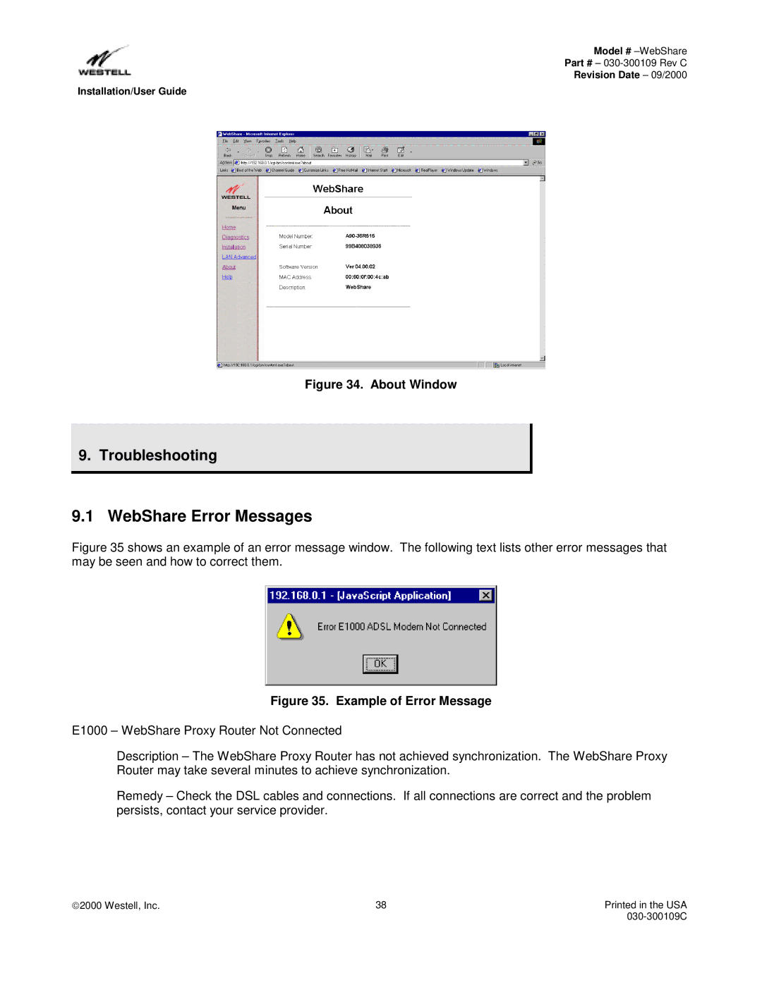 Westell Technologies 36R566 manual WebShare Error Messages, Troubleshooting 