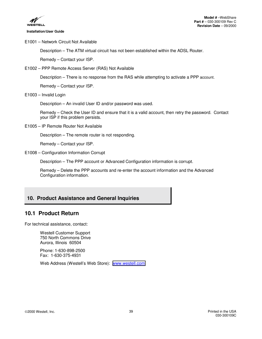 Westell Technologies 36R566 manual Product Return, Product Assistance and General Inquiries 