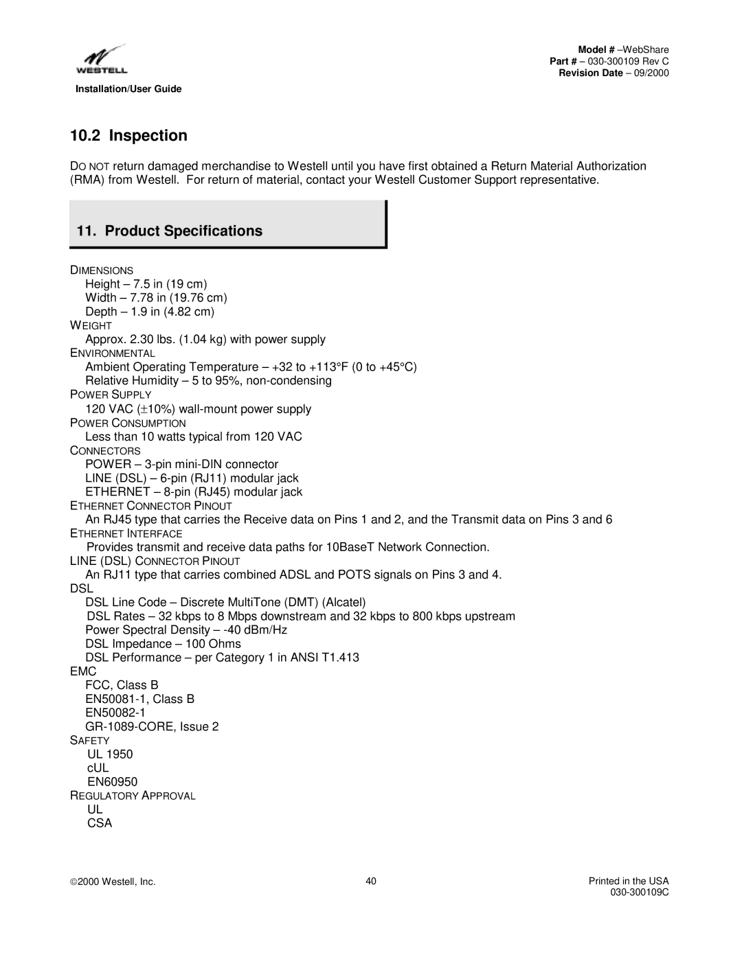 Westell Technologies 36R566 manual Product Specifications, Dsl 