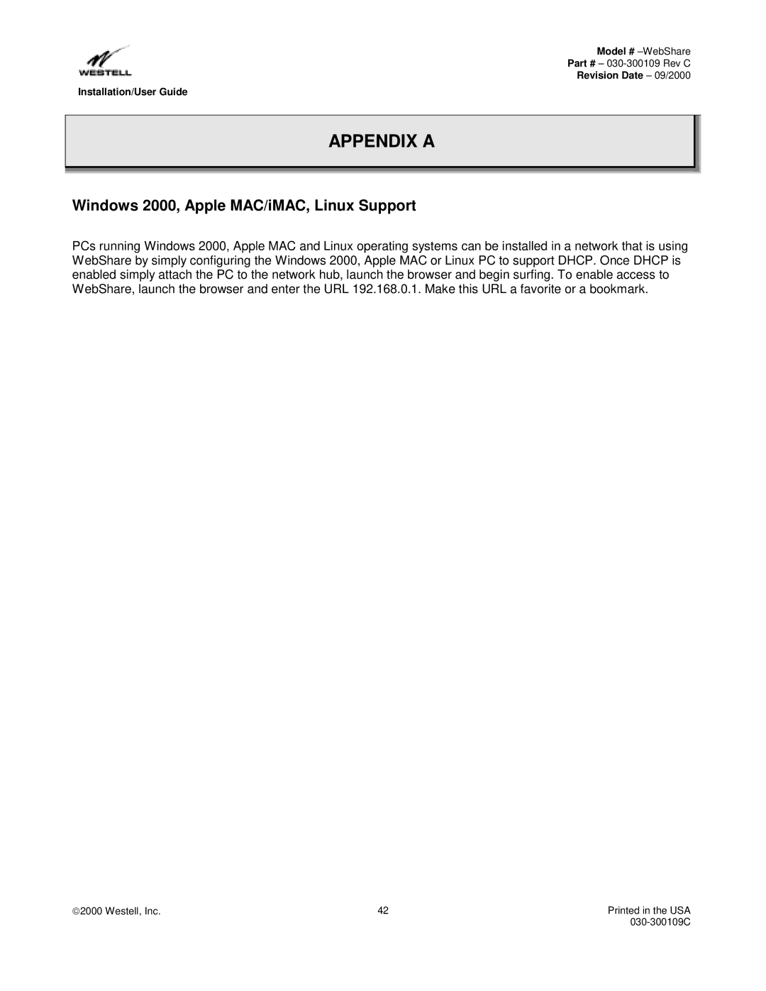 Westell Technologies 36R566 manual Appendix a, Windows 2000, Apple MAC/iMAC, Linux Support 