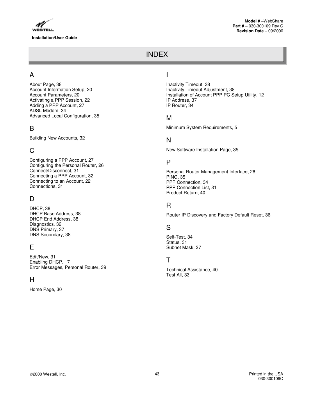 Westell Technologies 36R566 manual Index 