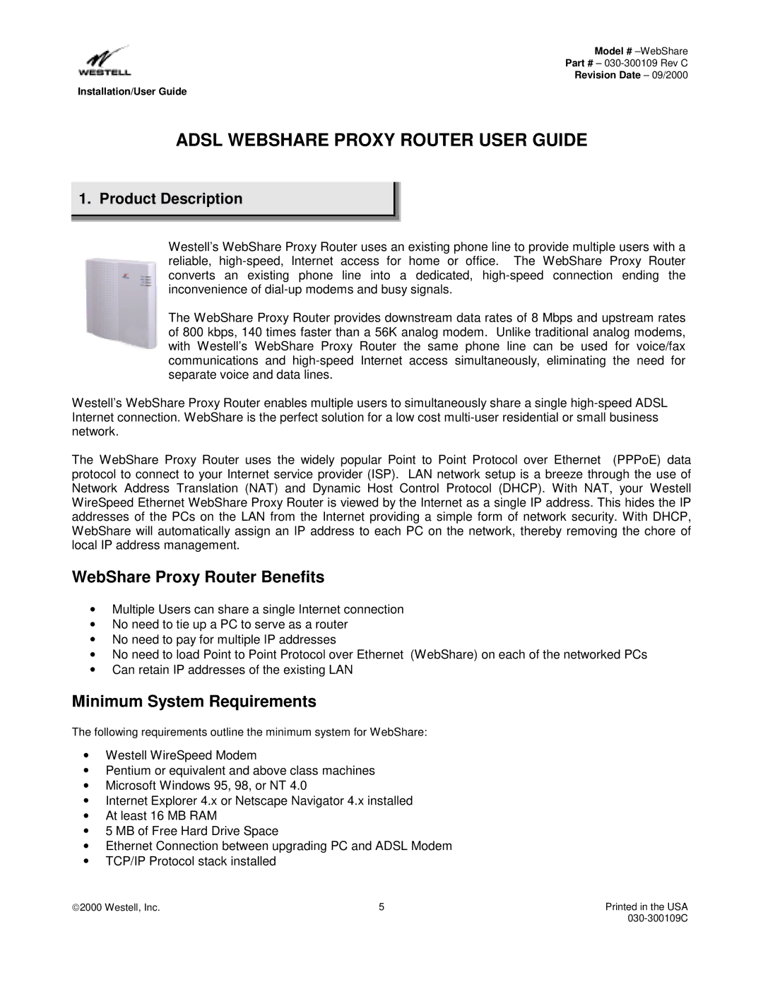 Westell Technologies 36R566 manual WebShare Proxy Router Benefits, Minimum System Requirements, Product Description 