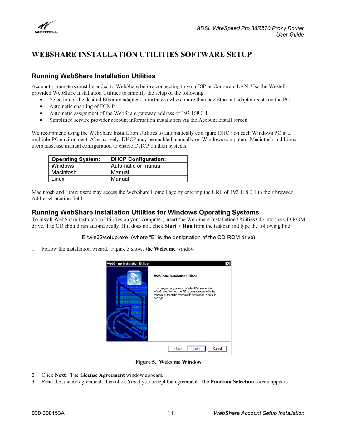 Westell Technologies 36R570 manual Webshare Installation Utilities Software Setup, Running WebShare Installation Utilities 