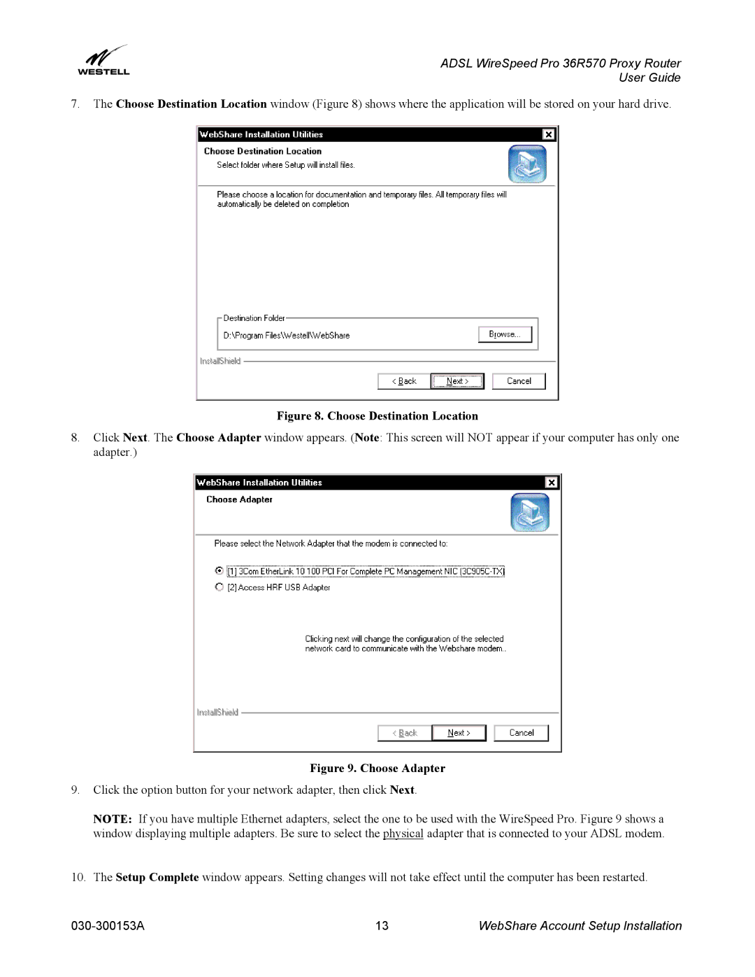 Westell Technologies 36R570 manual Choose Destination Location 