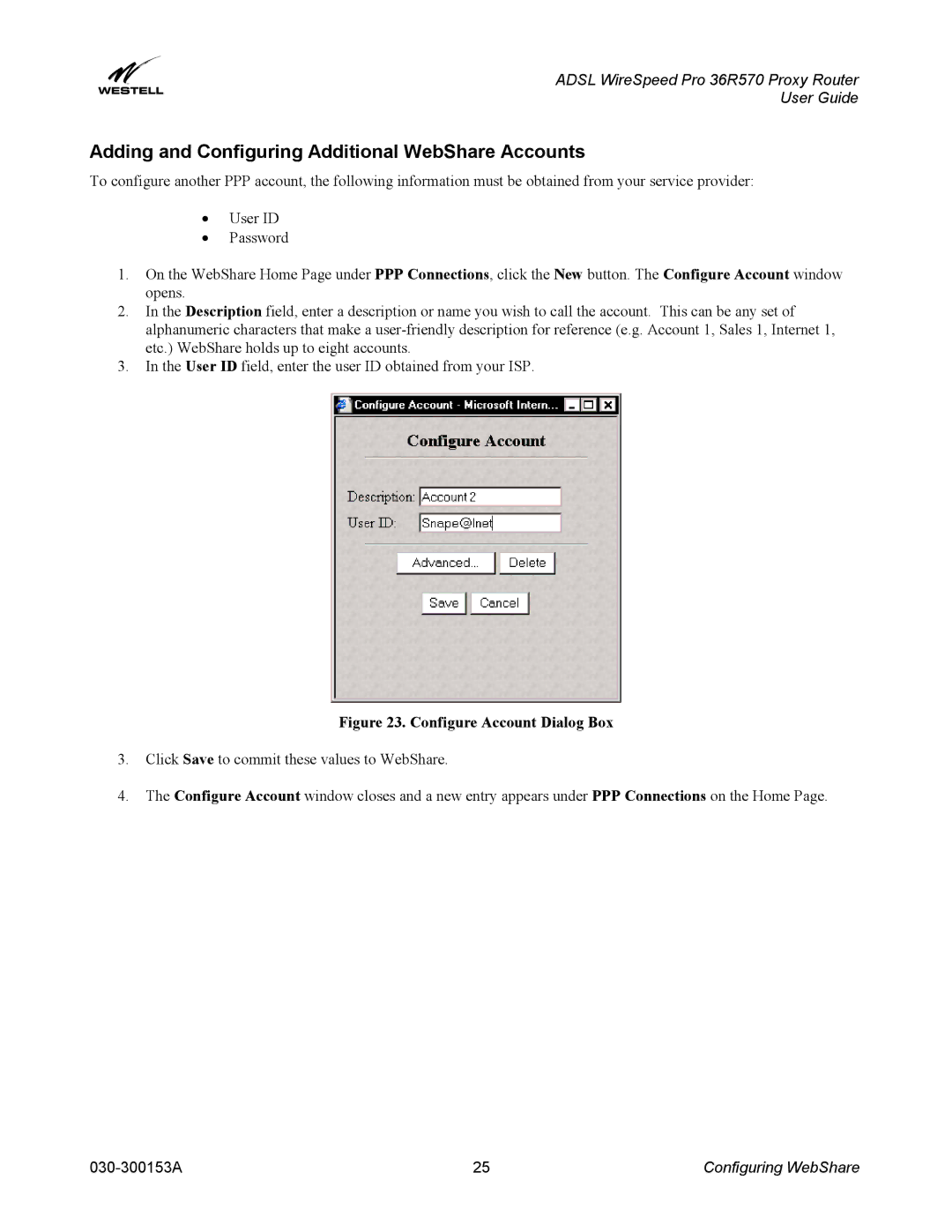 Westell Technologies 36R570 manual Adding and Configuring Additional WebShare Accounts, Configure Account Dialog Box 