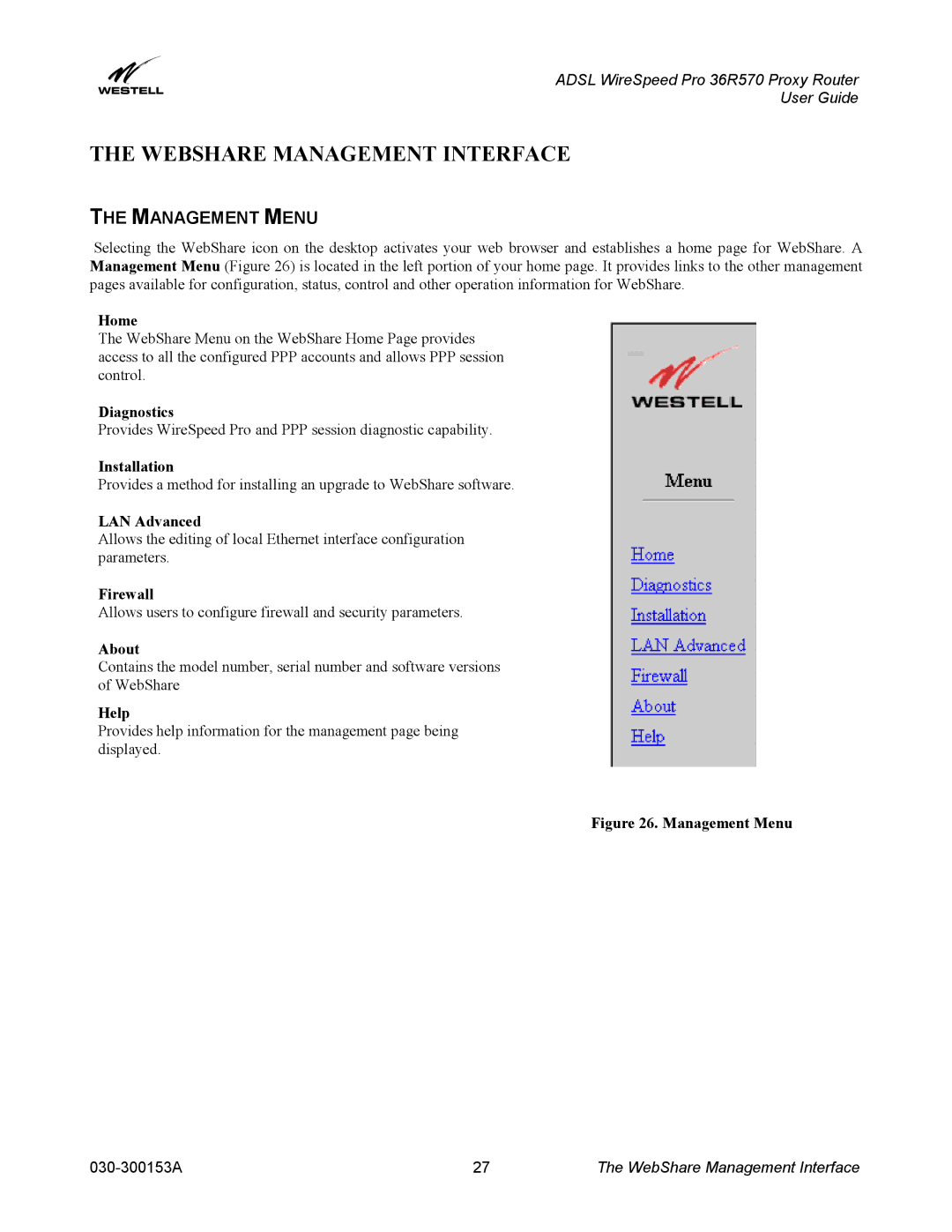 Westell Technologies 36R570 manual Webshare Management Interface, Management Menu 