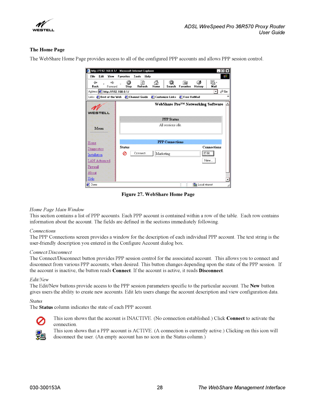 Westell Technologies 36R570 manual Home Page Main Window, Connections, Connect/Disconnect, Edit/New, Status 