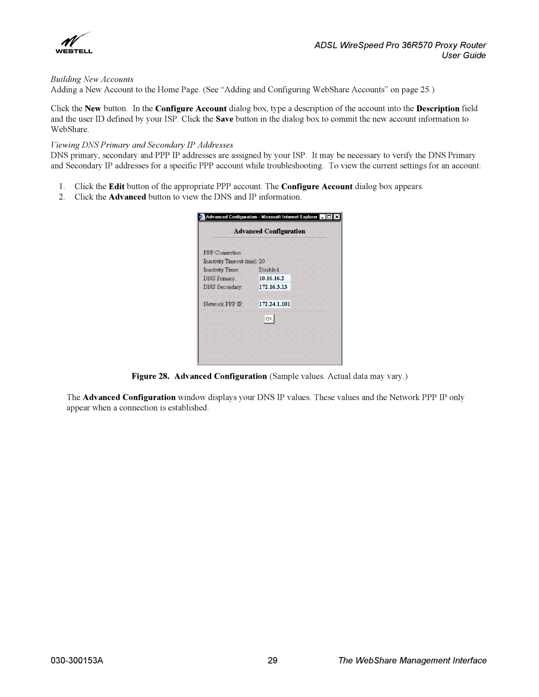 Westell Technologies 36R570 manual Building New Accounts, Viewing DNS Primary and Secondary IP Addresses 