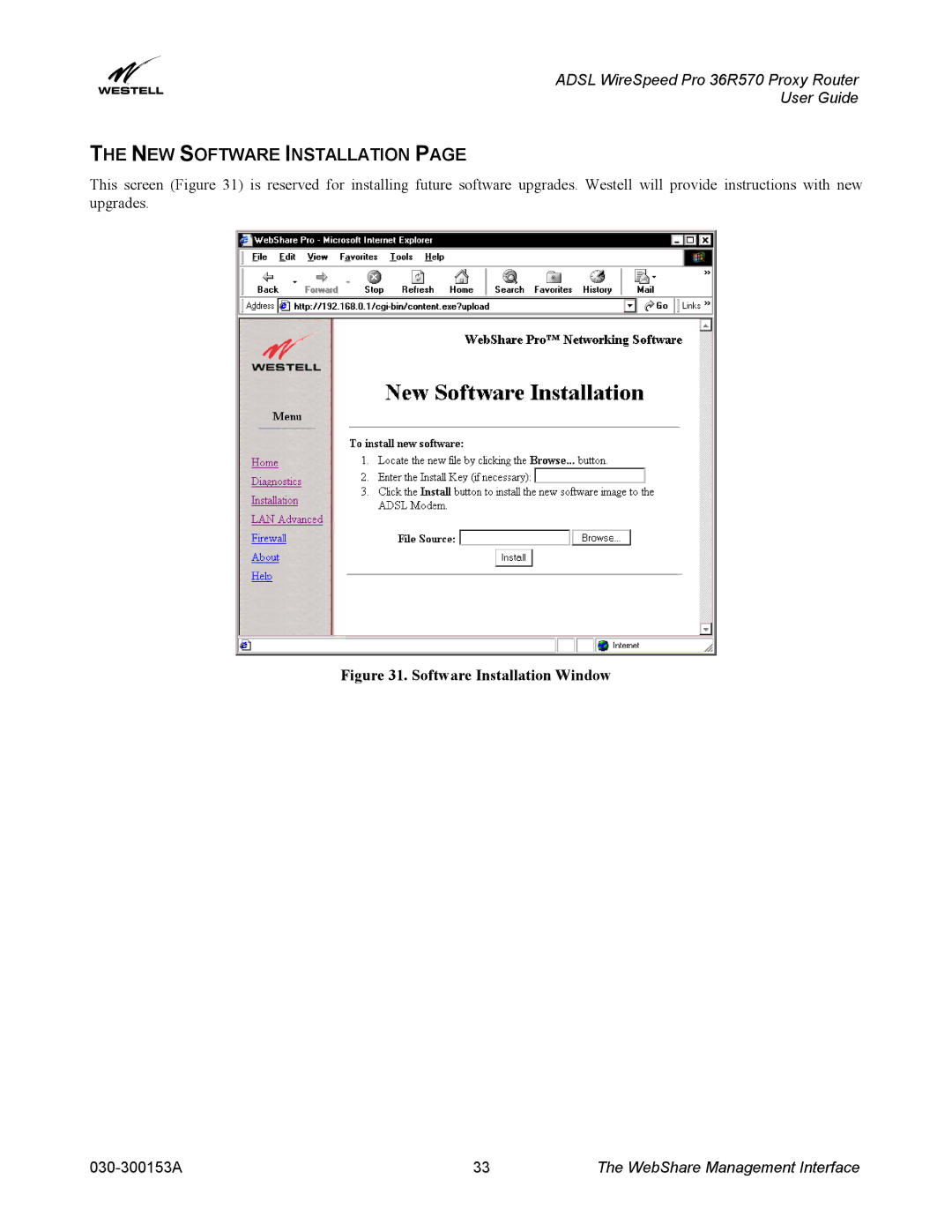 Westell Technologies 36R570 manual NEW Software Installation, Software Installation Window 